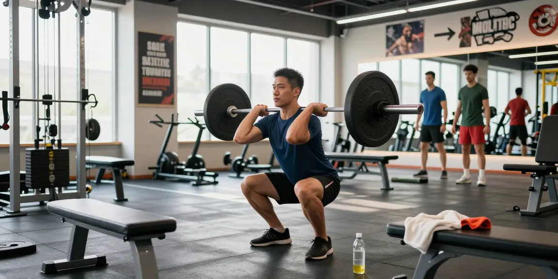 Atletische man traint met barbell in de Unique Pharma Steroiden Winkel, energieke sportsfeer, modern fitnesscentrum.
