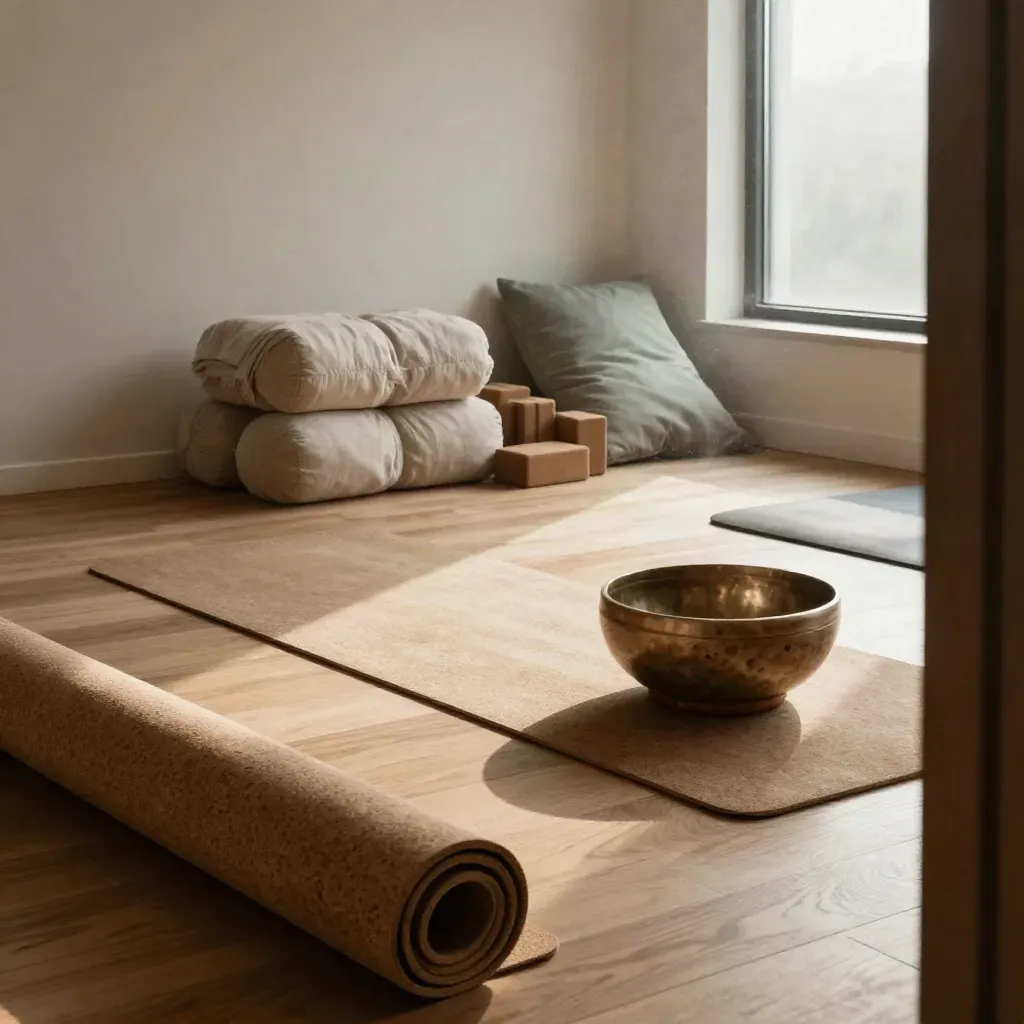 Lege yogastudio met matten, bolsters, dekens en klankschaal in zacht ochtendlicht.