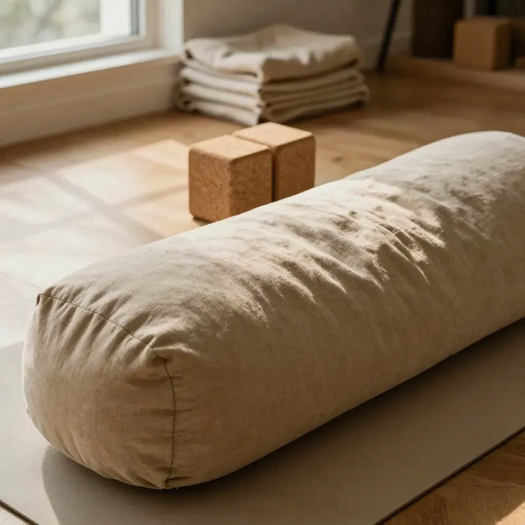 Yin yoga-hoek met bolster, dekens, oogkussen en twee kurkblokken in warm studio-licht.