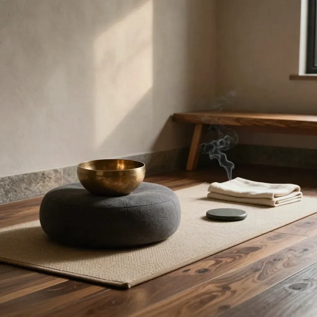 Meditatiehoek met zafu, klankschaal, houten bankje en steen in zachte stilte