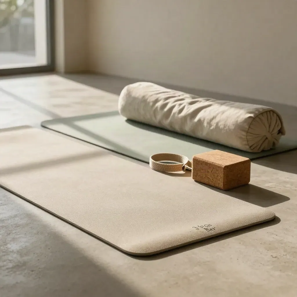 Yogamatten, blokken en strap in een lichte studio, klaar voor vinyasa flow.