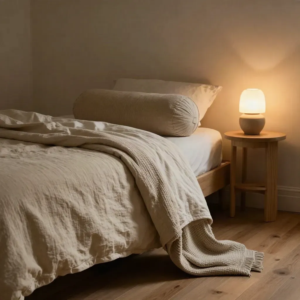Rustige slaapkamerhoek met opgemaakt bed, bolster, verzwaringsdeken en warme lamp.