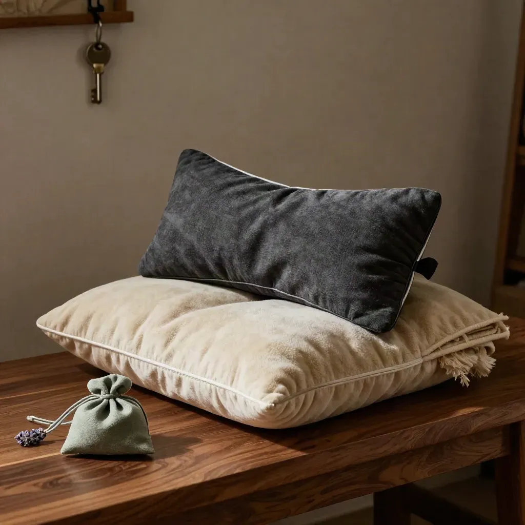 Velours bolster, oogkussen, plaid en lavendelzakje op een donker houten bankje.