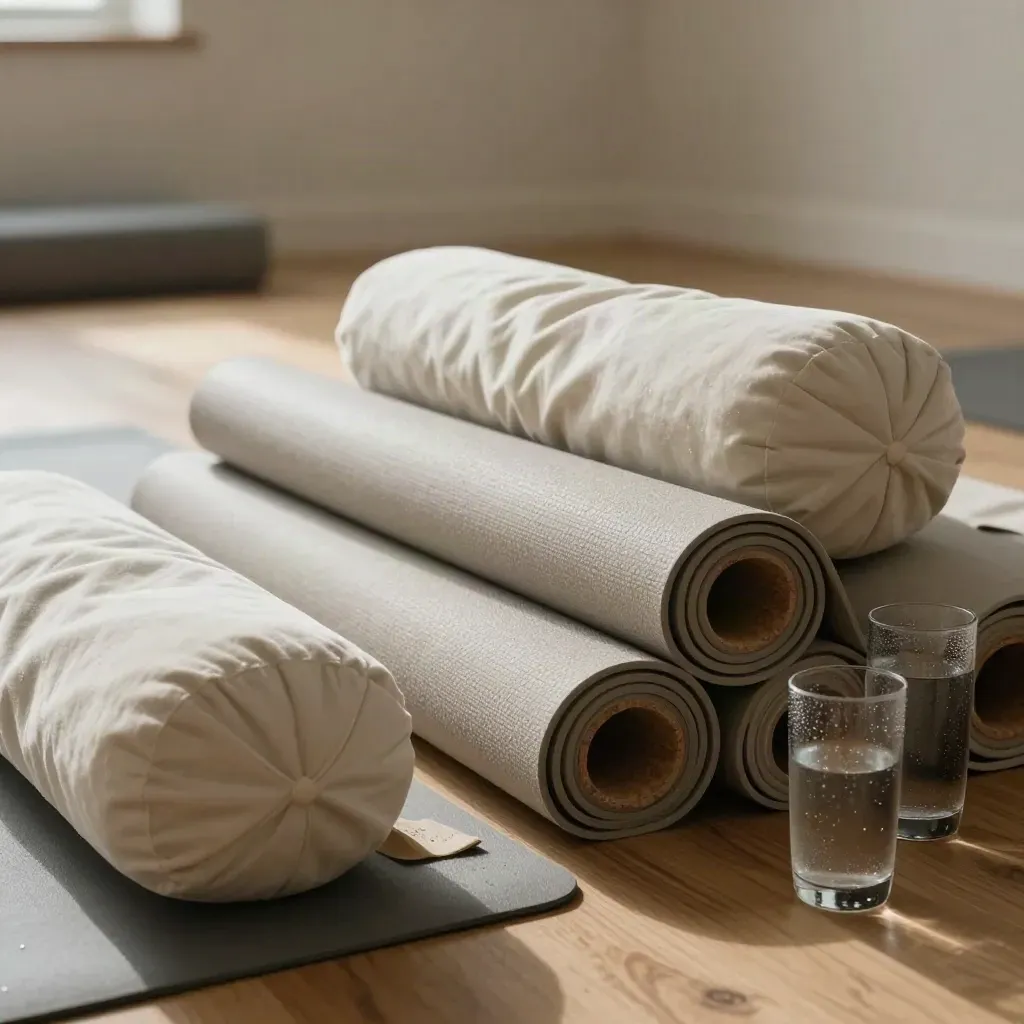 Rolde yogamatten, bolsters en beslagen glazen in een stille workshopruimte na de les.