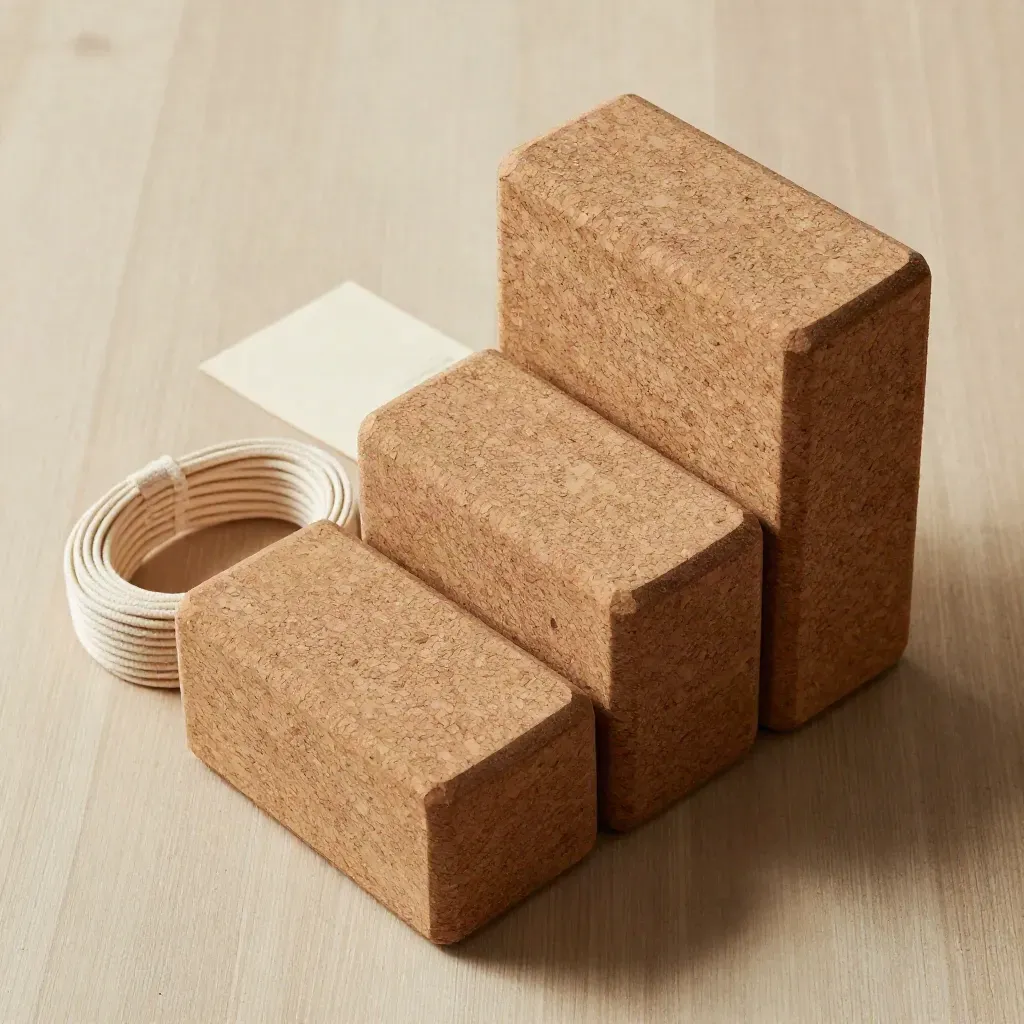 Drie kurk yogablokken en een opgerolde strap op licht hout, minimalistisch en rustig.