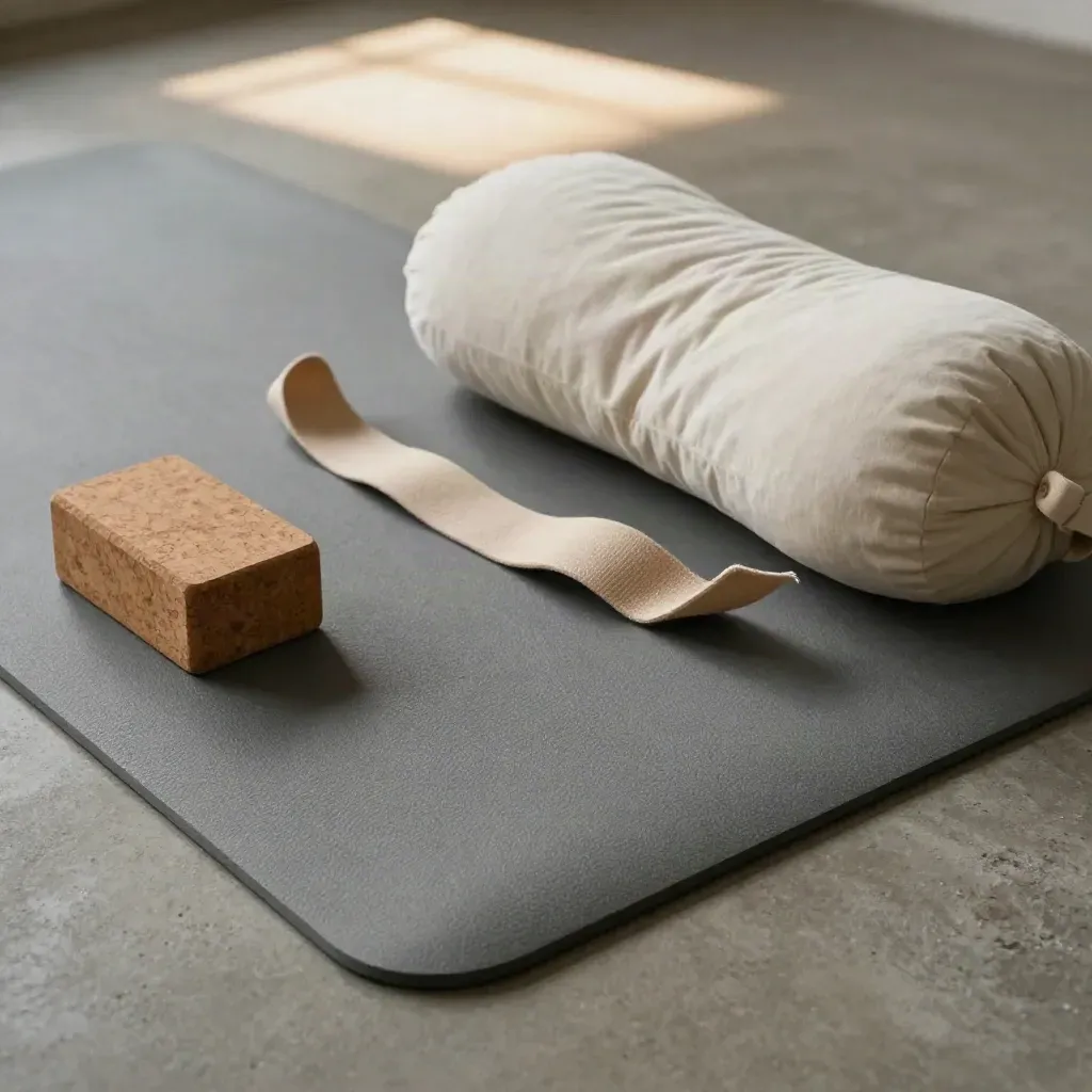 Bovenaanzicht van yogamat, kurkblok, bolster en strap op lichte betonvloer