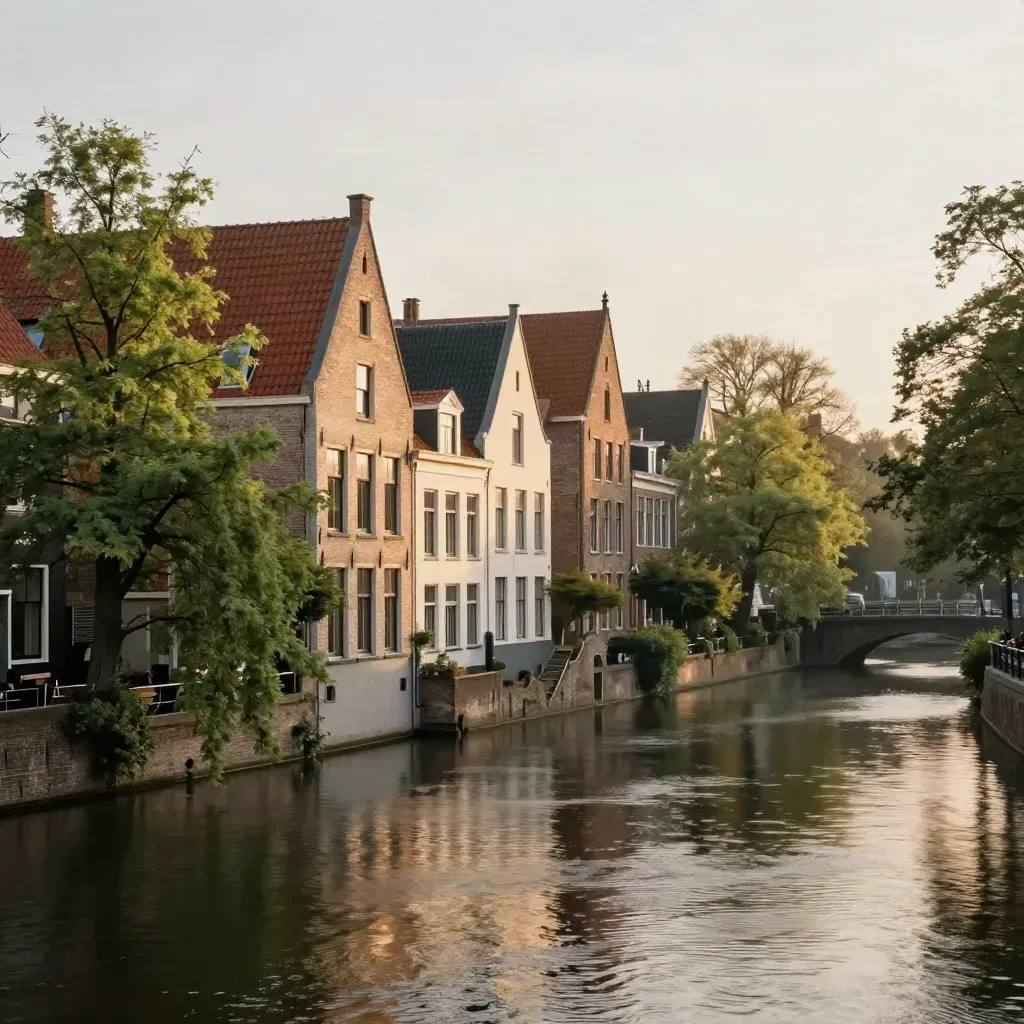 Haarlemse trapgevels aan een stille gracht in warm gouden avondlicht